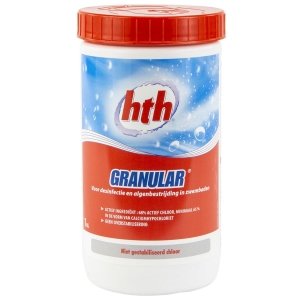 HTH granular disinfectant for pool cleaning and algae control.