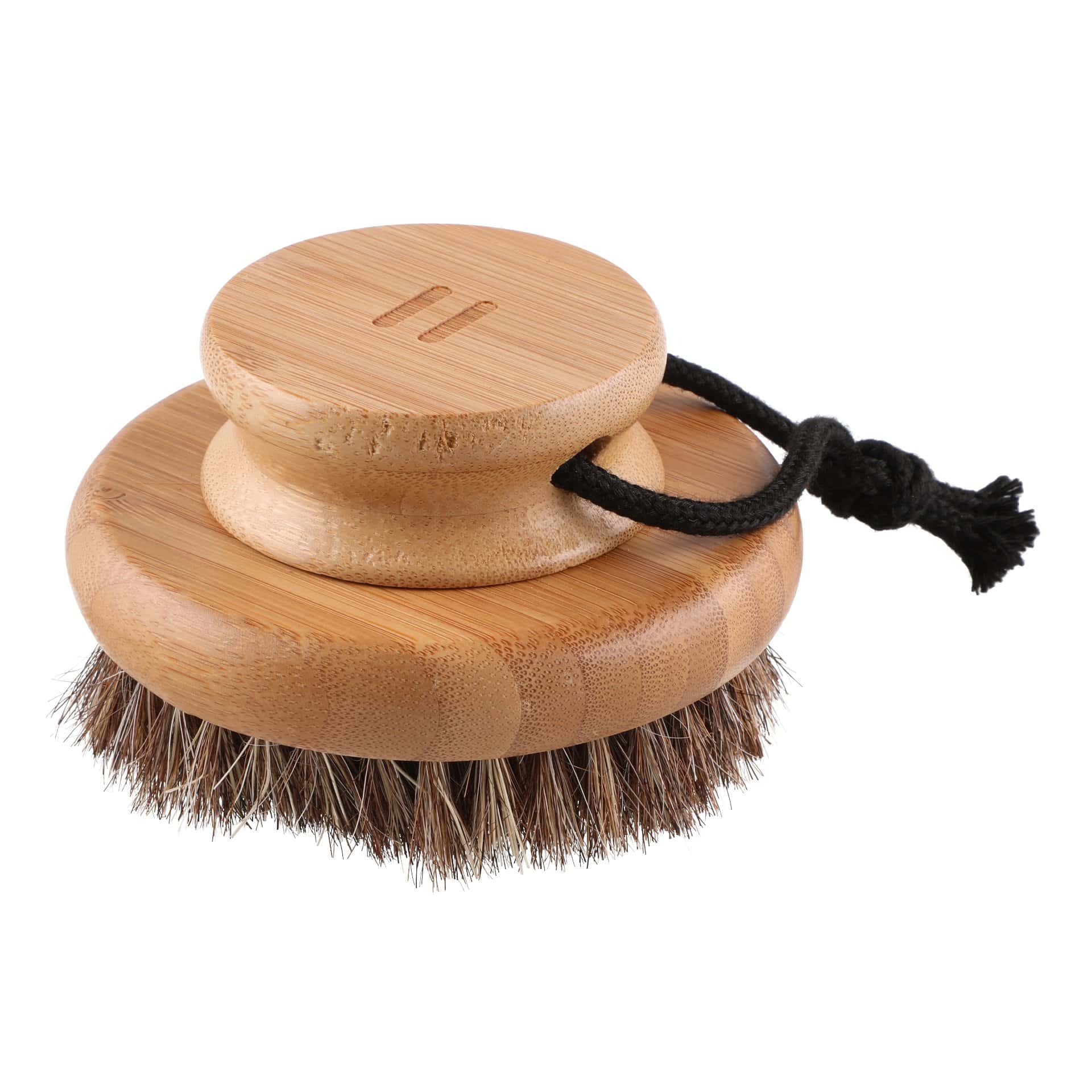 Bamboo body brush with natural bristles for skin care.