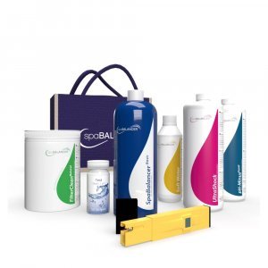 Complete SpaBalancer starter set with test kits and chemicals for pool maintenance.
