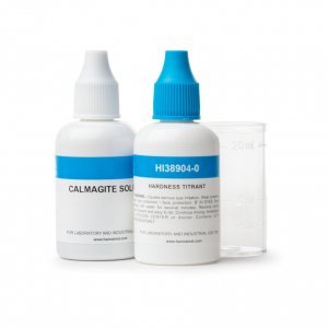 Test kit for pool water hardness, including test liquid and measuring beaker.