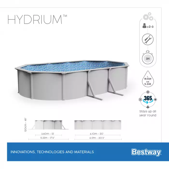 Bestway Hydrium Pool 610 x 360 x 120 cm, inkl. Pumpe, Pooltreppe, Abdeckung und Bodenplane