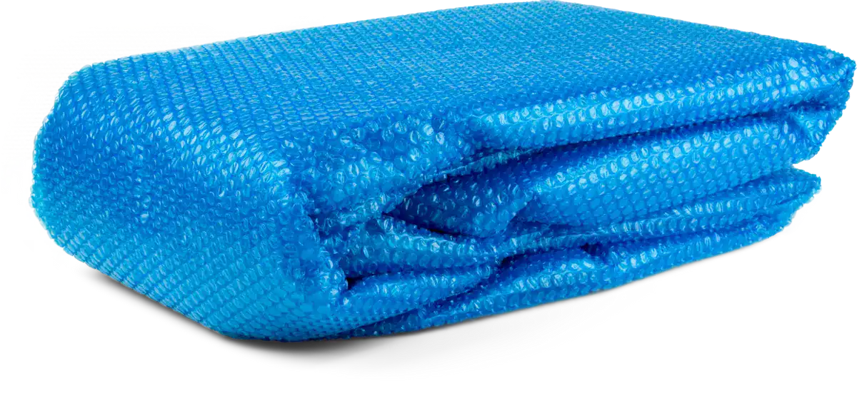Blue Bestway solar cover for pools, diameter 366 cm, protects against dirt and retains heat.