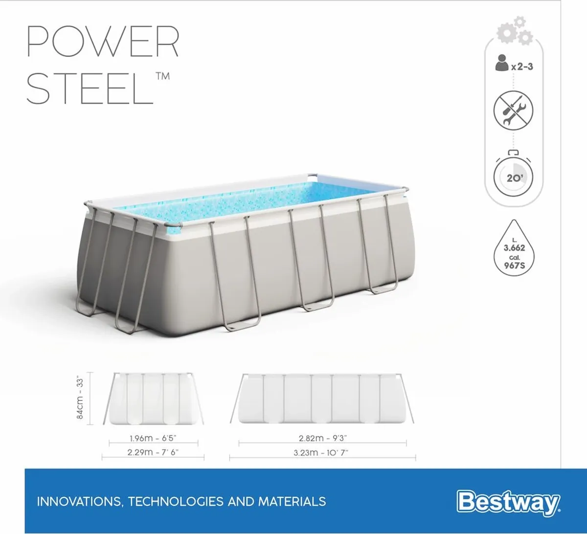 Bestway Power Steel Rechteckiges Schwimmbecken - 282 x 196 x 84 cm - mit Filterpumpe und Zubehör