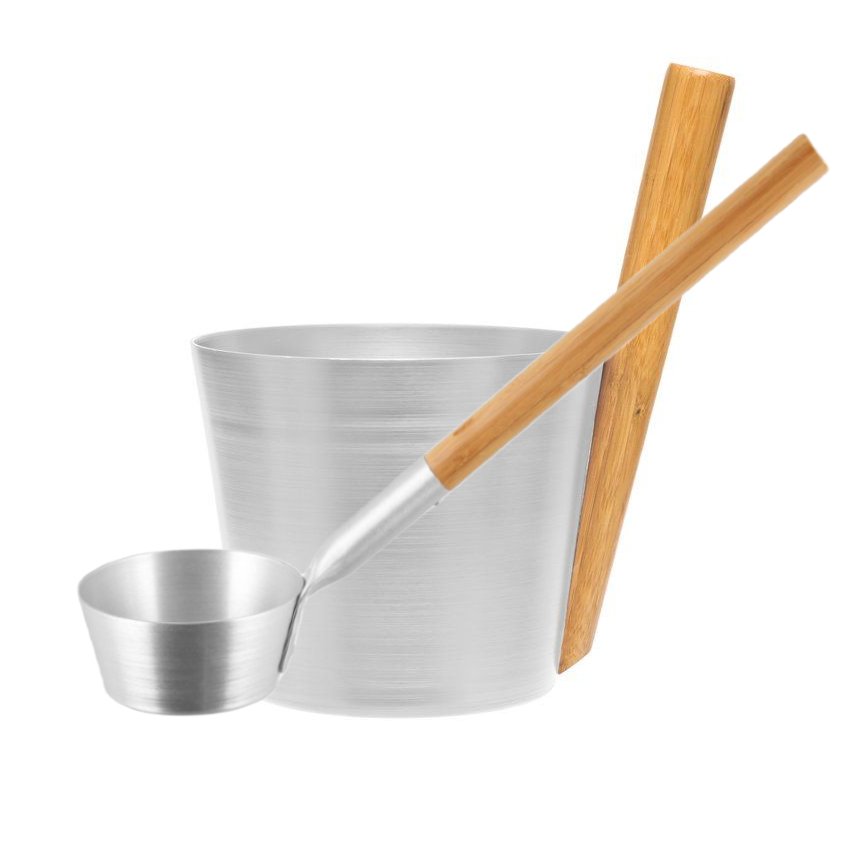 Rento Sauna Bucket with Spoon - Bamboo Handle - Aluminum Natural (5L)