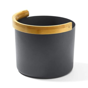 Black sauna bucket with wooden handle for sauna accessories.