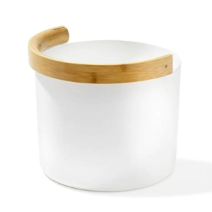 White wooden sauna bucket for filling the sauna.
