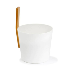 White wooden sauna bucket with wooden handle for relaxation.