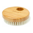Bamboo body brush, round, with soft white bristles for skin care.