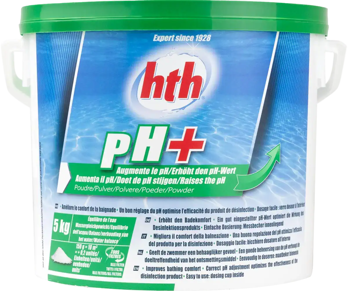 HTH pH plus powder for pool water, 5 kg, raises the pH value.