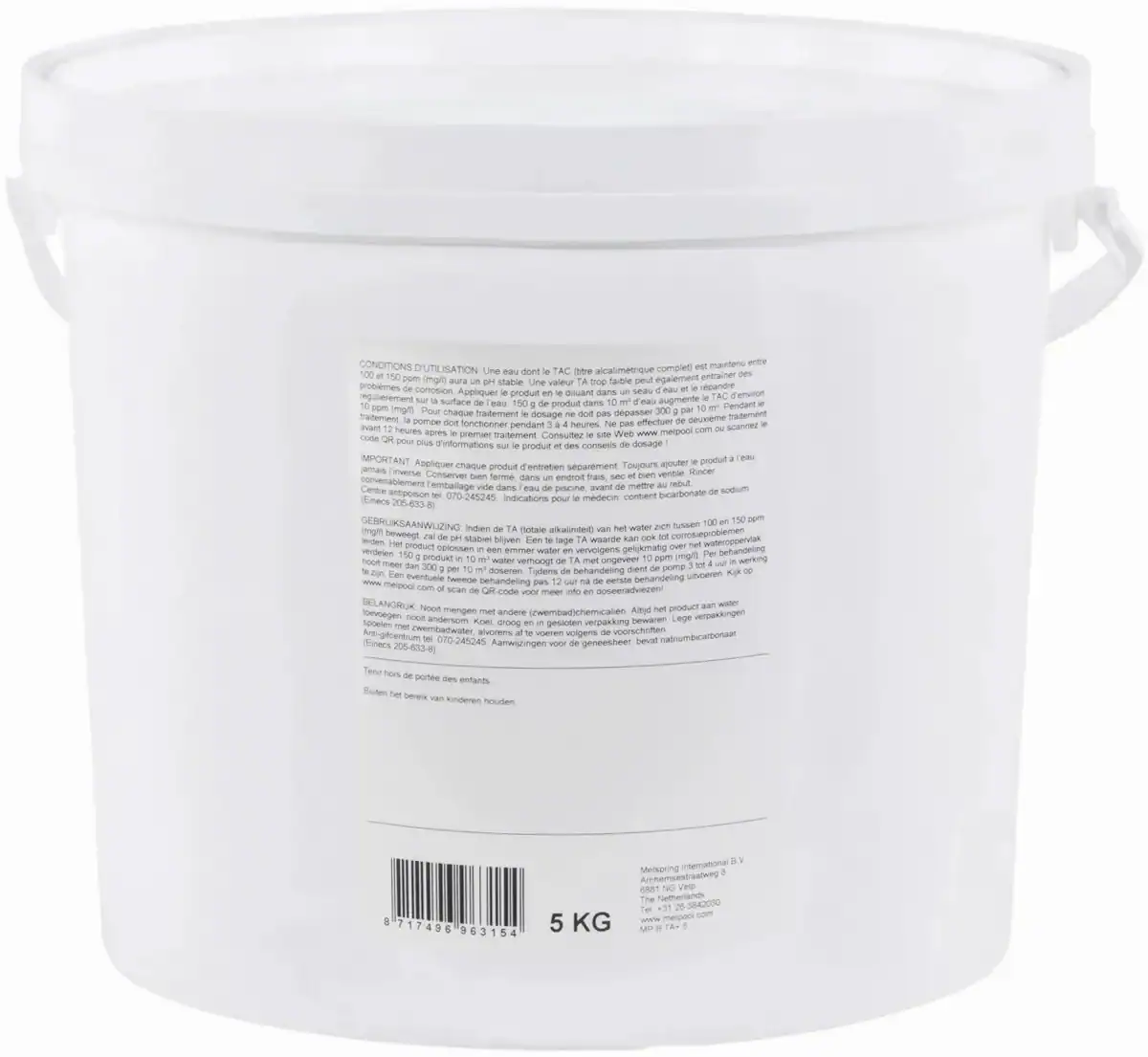 Alkalinity table for pool water, 5 kg Melpool TA+ for optimal water balance.