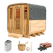 Wooden outdoor sauna with accessories for relaxation and wellness.