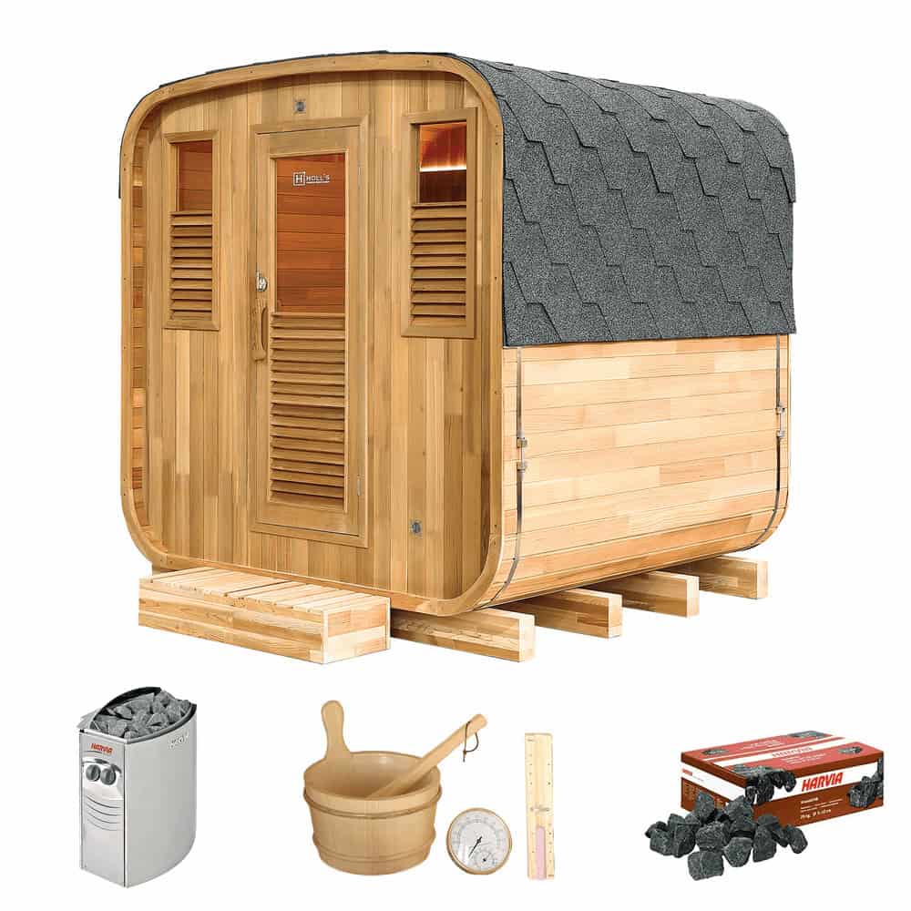 Wooden outdoor sauna with accessories for relaxation and wellness.