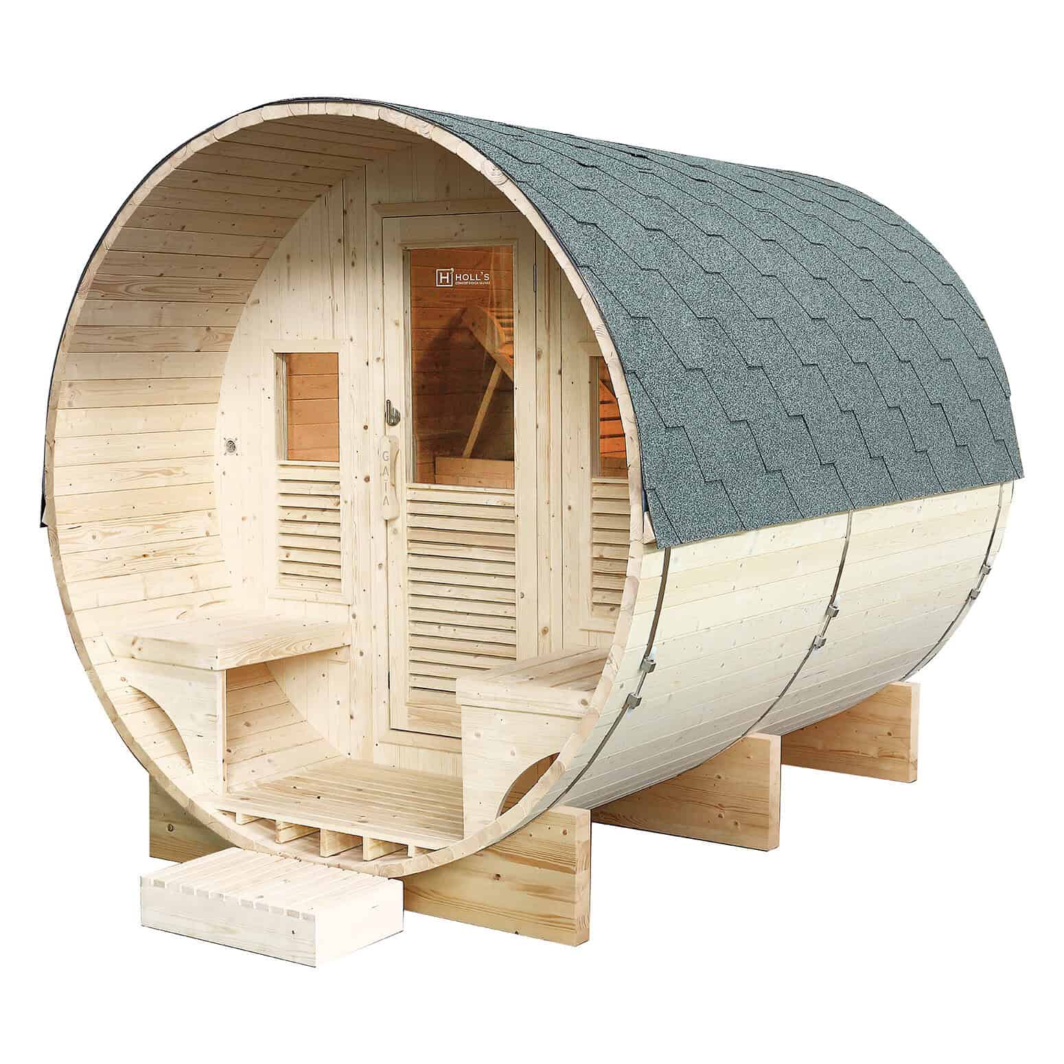 Holl's Gaïa Luna outdoor sauna for 6 people with accessories, ideal for relaxation and wellness outdoors.