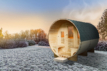 Unique round outdoor sauna with wooden interior and modern finish.