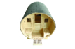 Outdoor sauna for 6 people with wooden interior and accessories.