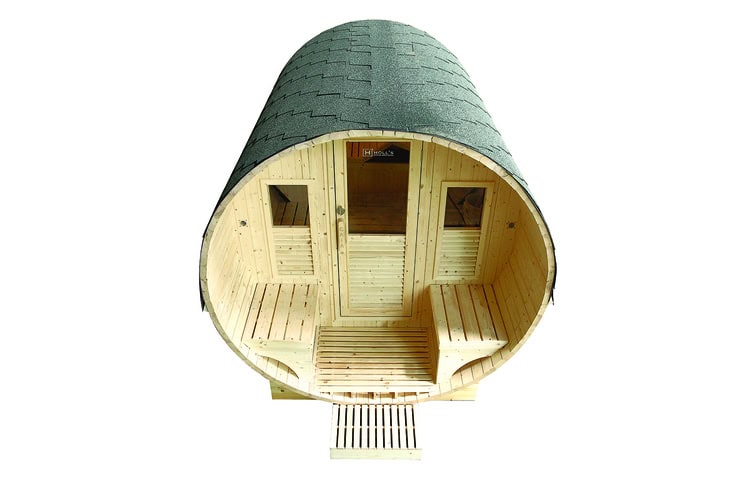 Outdoor sauna for 6 people with wooden interior and accessories.