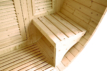 Outdoor sauna for 6 people with wooden bench and accessories.