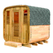 Wooden outdoor sauna with wooden door and ventilation grilles, suitable for 6 people.