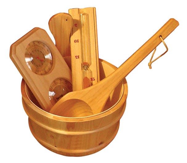 Outdoor sauna accessories set with wooden thermometer, ladle and measuring instruments.