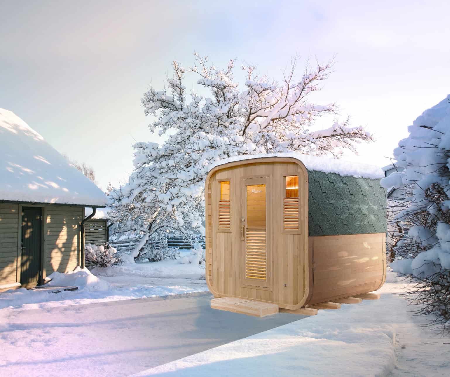 Outdoor sauna in a winter setting with snow and trees.