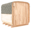 Outdoor sauna for 6 people with wooden finish and accessories.