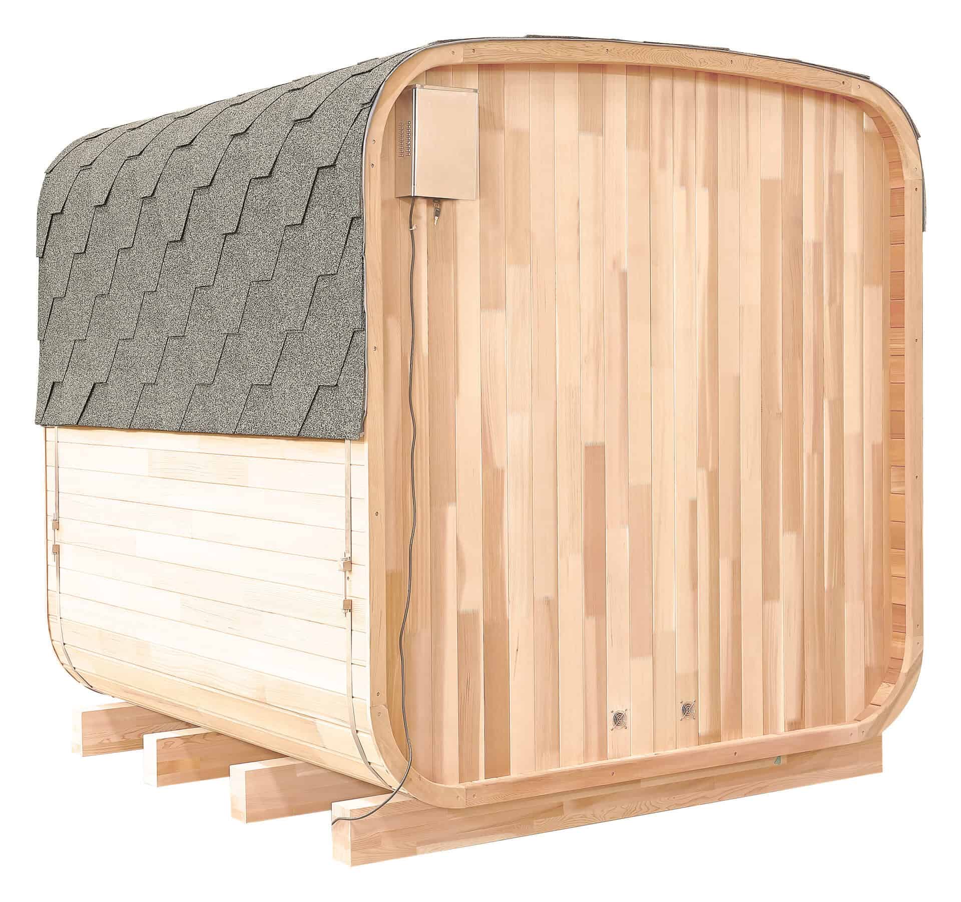 Outdoor sauna for 6 people with wooden finish and accessories.