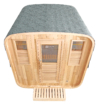 Wooden outdoor sauna with glass door and windows, suitable for 6 people.
