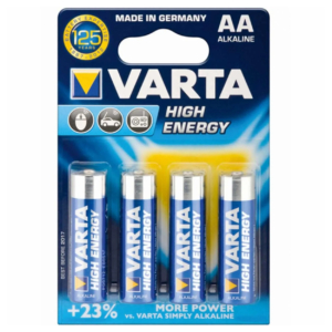 Varta AA alkaline batteries, 1.5V, set of 4, suitable for various devices.