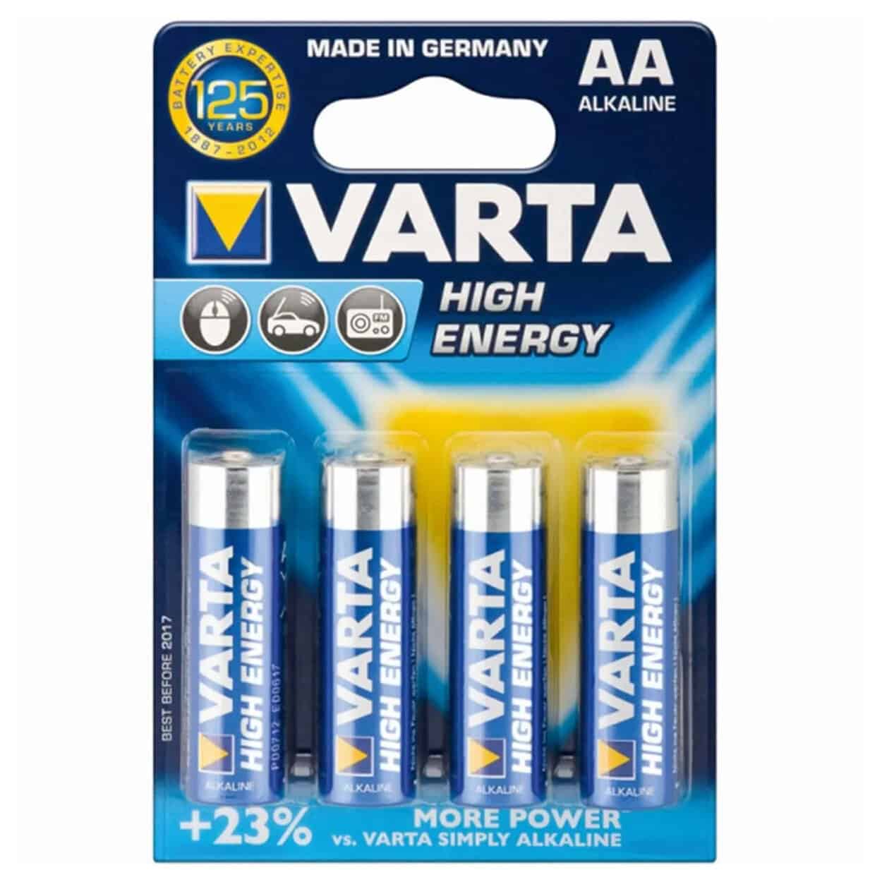 Varta AA alkaline batteries, 1.5V, set of 4, suitable for various devices.