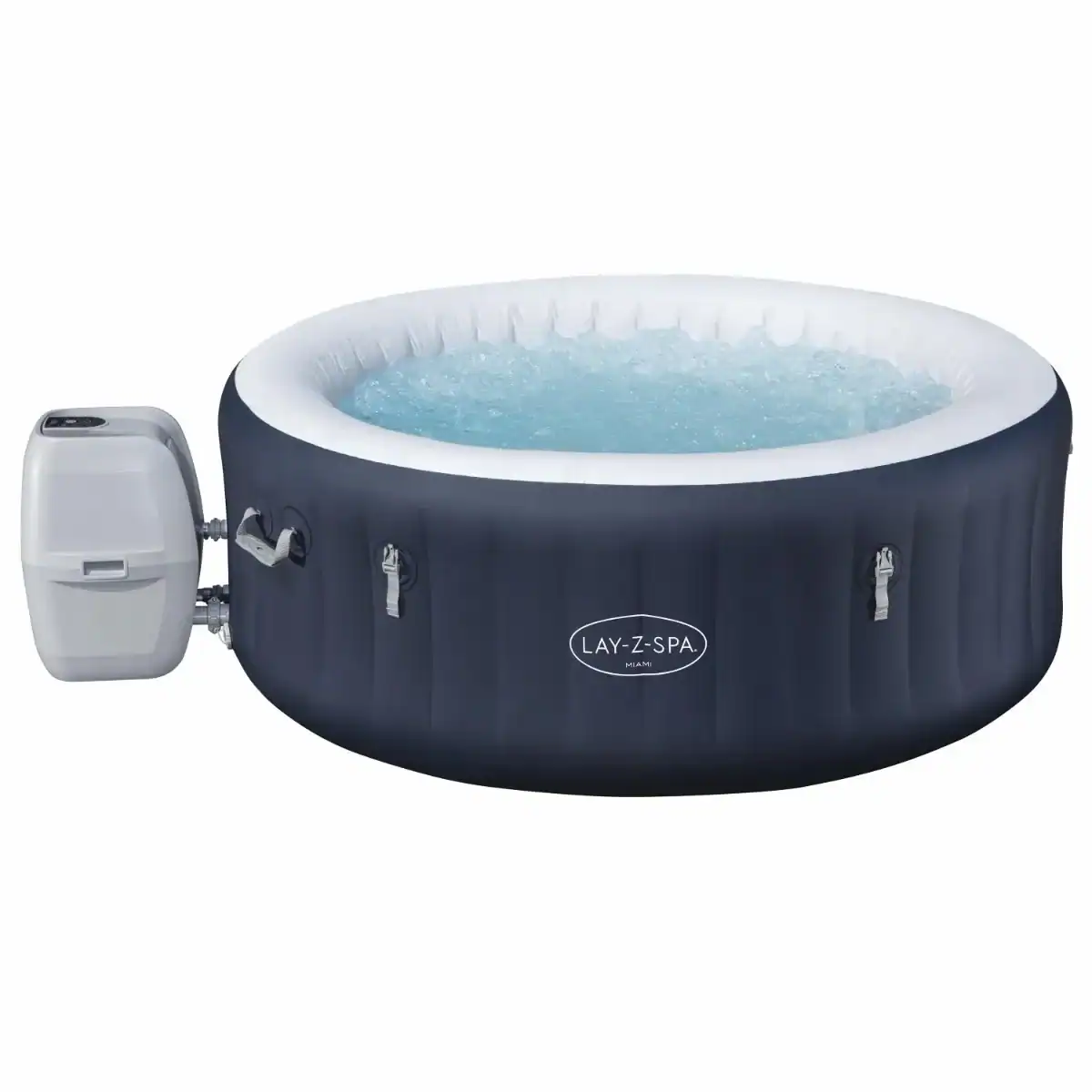 Inflatable spa for 4 people with energy-efficient AirJet and heating system.