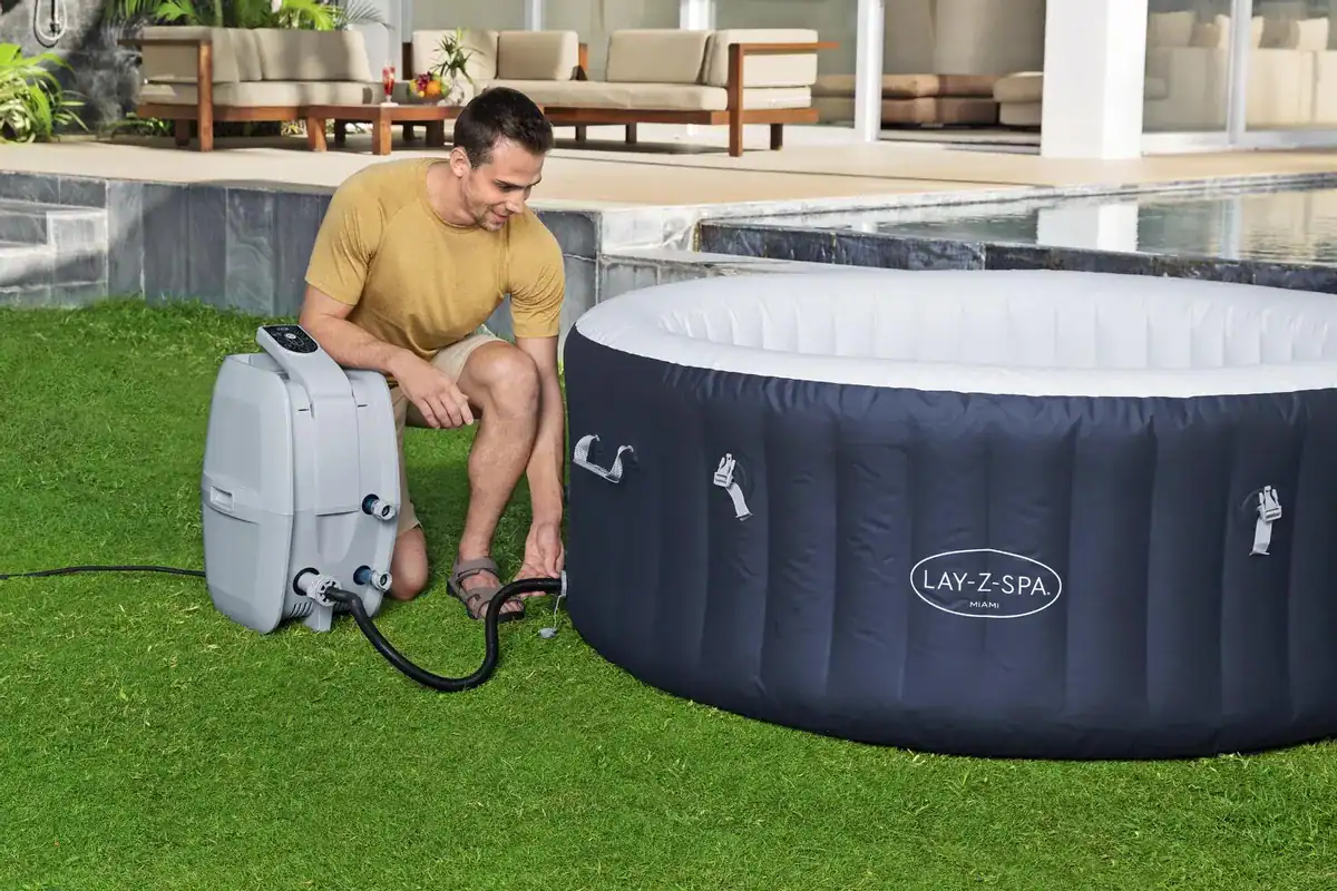 Lay-Z Spa Miami inflatable hot tub with energy-efficient AirJet technology.