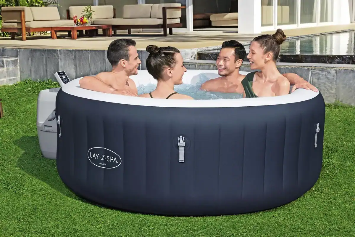 Inflatable 4-person Lay-Z Spa Miami with AirJet and EnergySense technology.