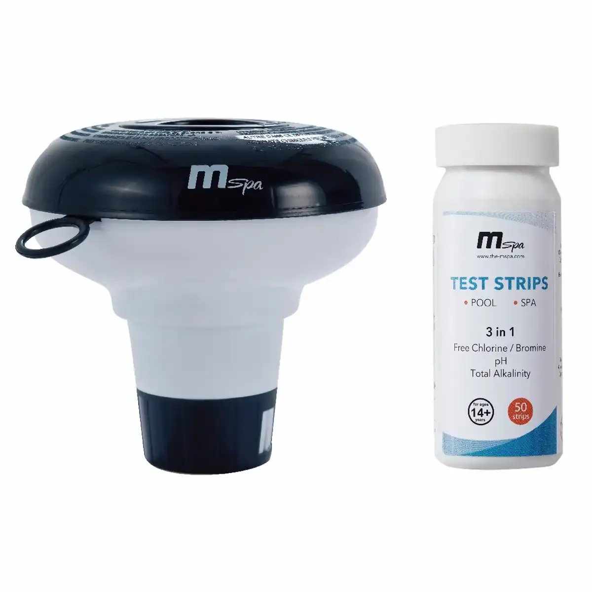 Test kit for pool and spa, including test strips and measuring device.