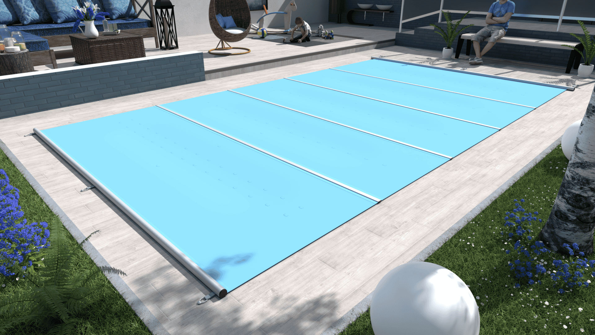 Blue safety cover for pool, easy to operate and safe.