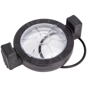 Pool filter with transparent cover and black rim for pool maintenance.