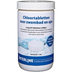 Chlorine tablets for pool and spa, 200g, long-lasting disinfection.
