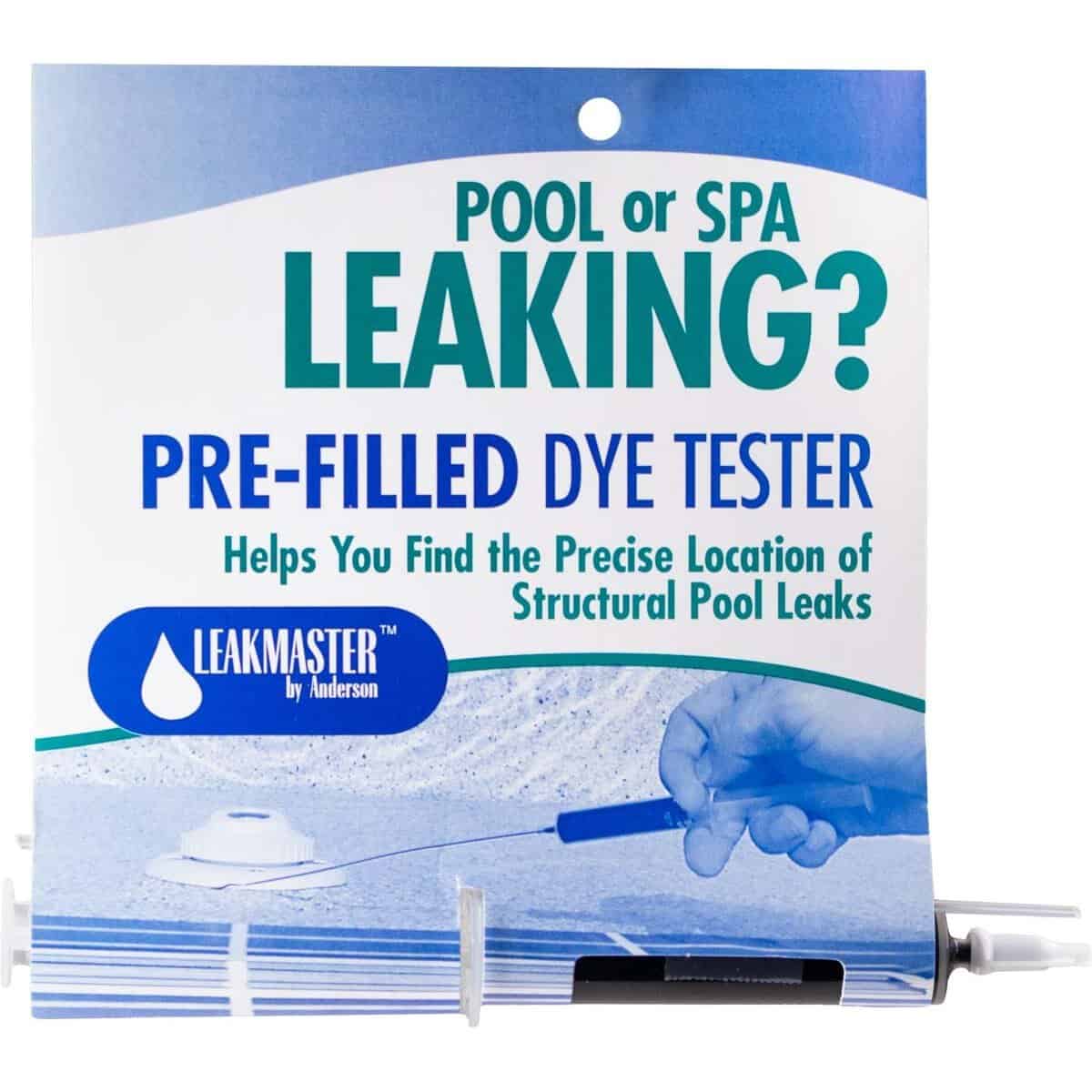Pre-filled dye tester for detecting pool or spa leaks.