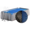 Pool with ladder and protective film, ideal for garden fun.